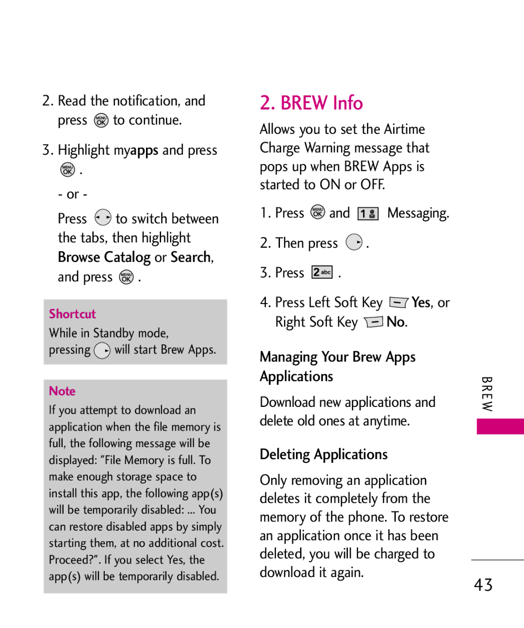 LG Electronics MMBB0345501, 370H manual Brew Info, Managing Your Brew Apps Applications, Deleting Applications 