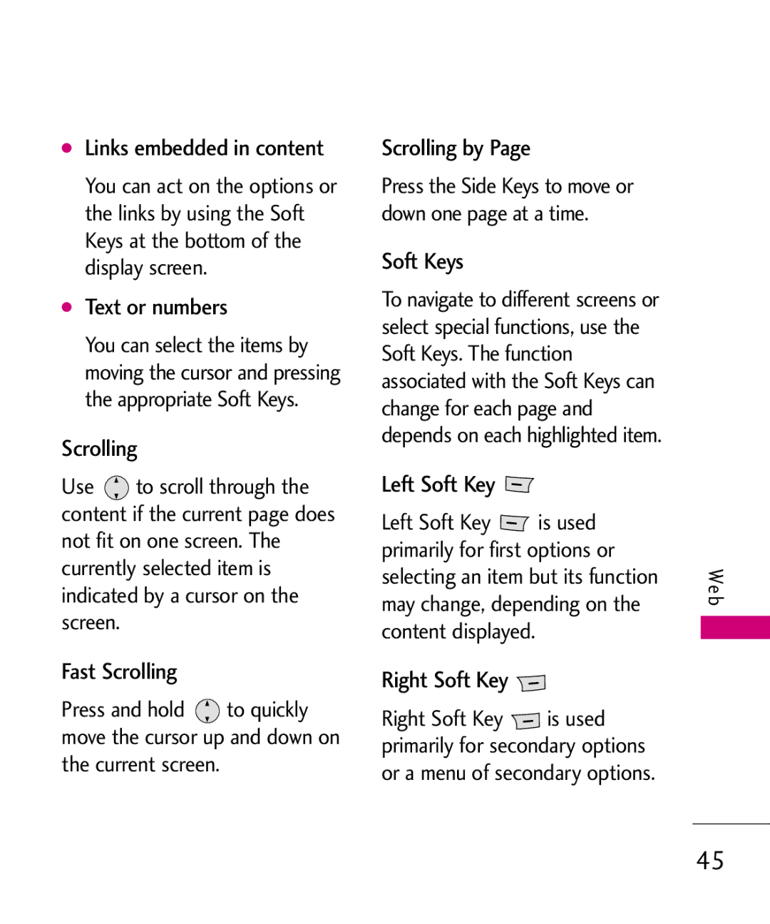 LG Electronics MMBB0345501 Text or numbers, Fast Scrolling, Scrolling by, Soft Keys, Left Soft Key, Right Soft Key 