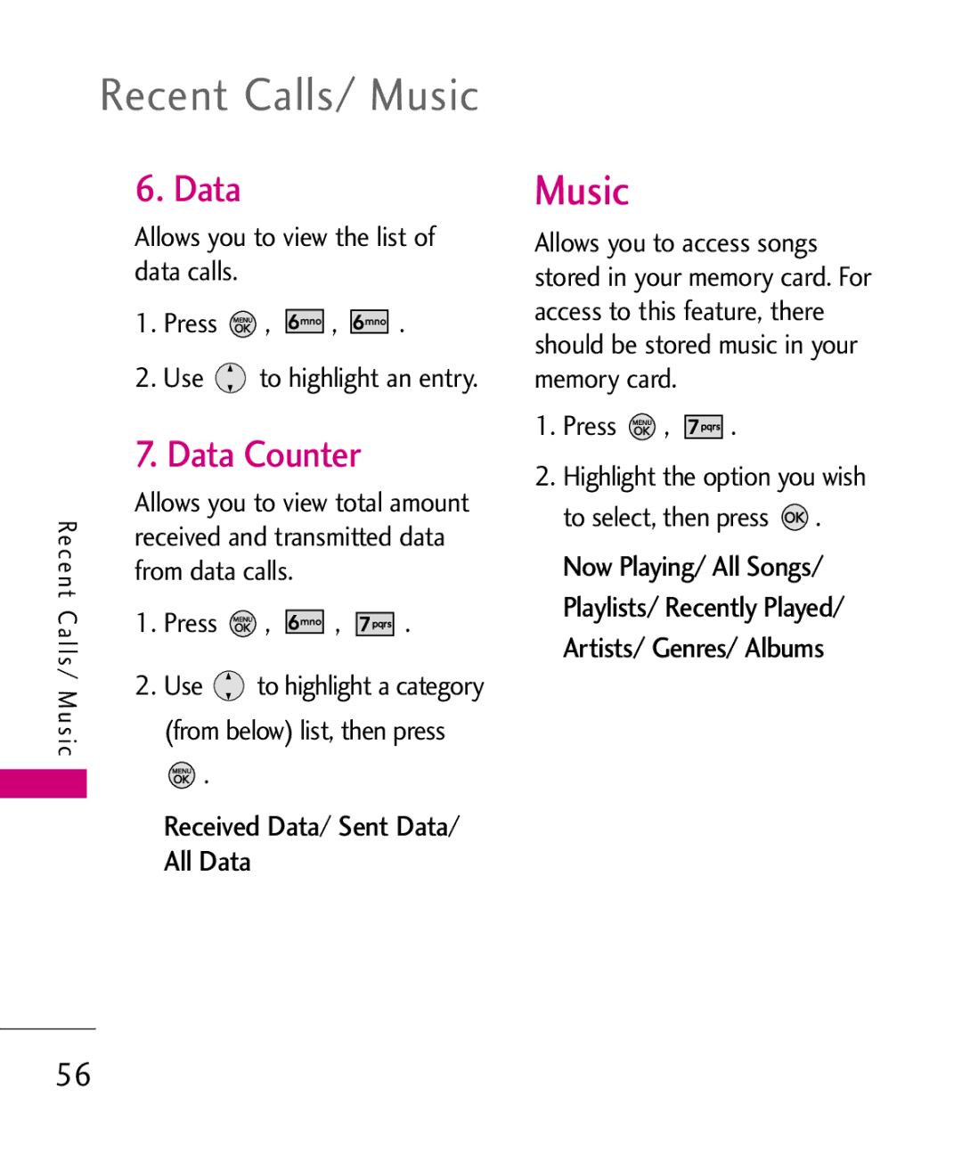 LG Electronics 370H, MMBB0345501 manual Recent Calls/ Music, Data Counter, Received Data/ Sent Data All Data 