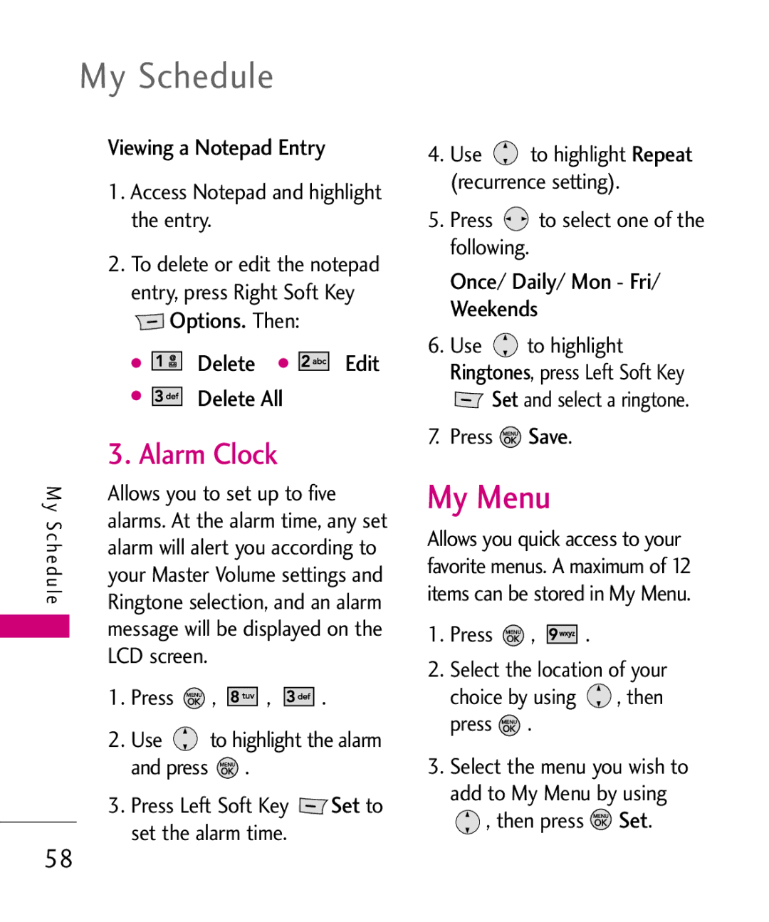 LG Electronics 370H, MMBB0345501 manual My Menu, Alarm Clock, Viewing a Notepad Entry, Delete Edit Delete All 