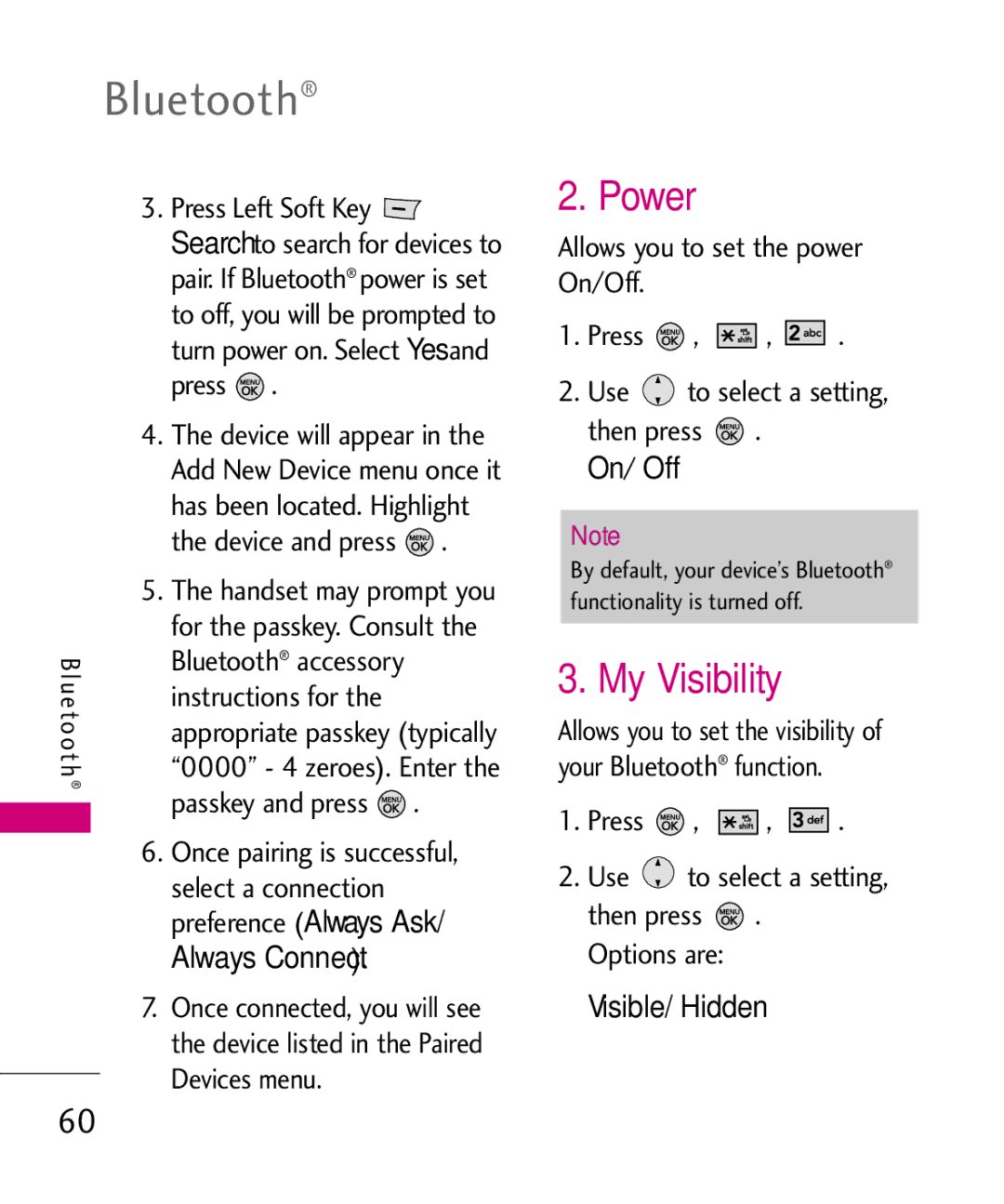 LG Electronics 370H manual Power, My Visibility, For the passkey. Consult, Devices menu, Press Use to select a setting 