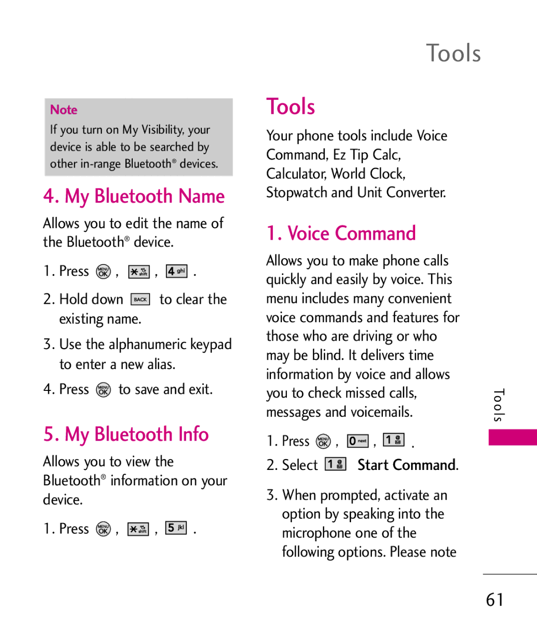 LG Electronics MMBB0345501, 370H manual Tools, My Bluetooth Name, My Bluetooth Info, Voice Command 