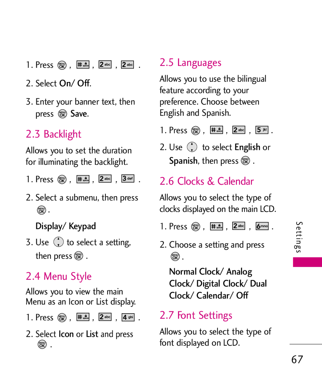 LG Electronics MMBB0345501, 370H manual Backlight, Menu Style, Languages, Clocks & Calendar, Font Settings 