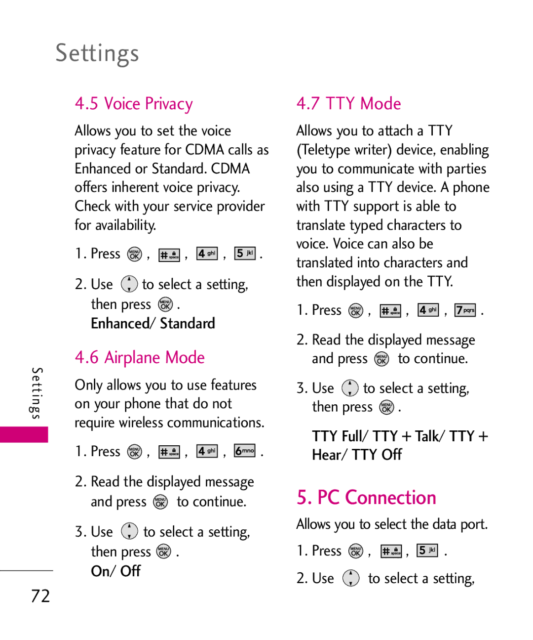 LG Electronics 370H, MMBB0345501 manual PC Connection, Voice Privacy, Airplane Mode, TTY Mode 