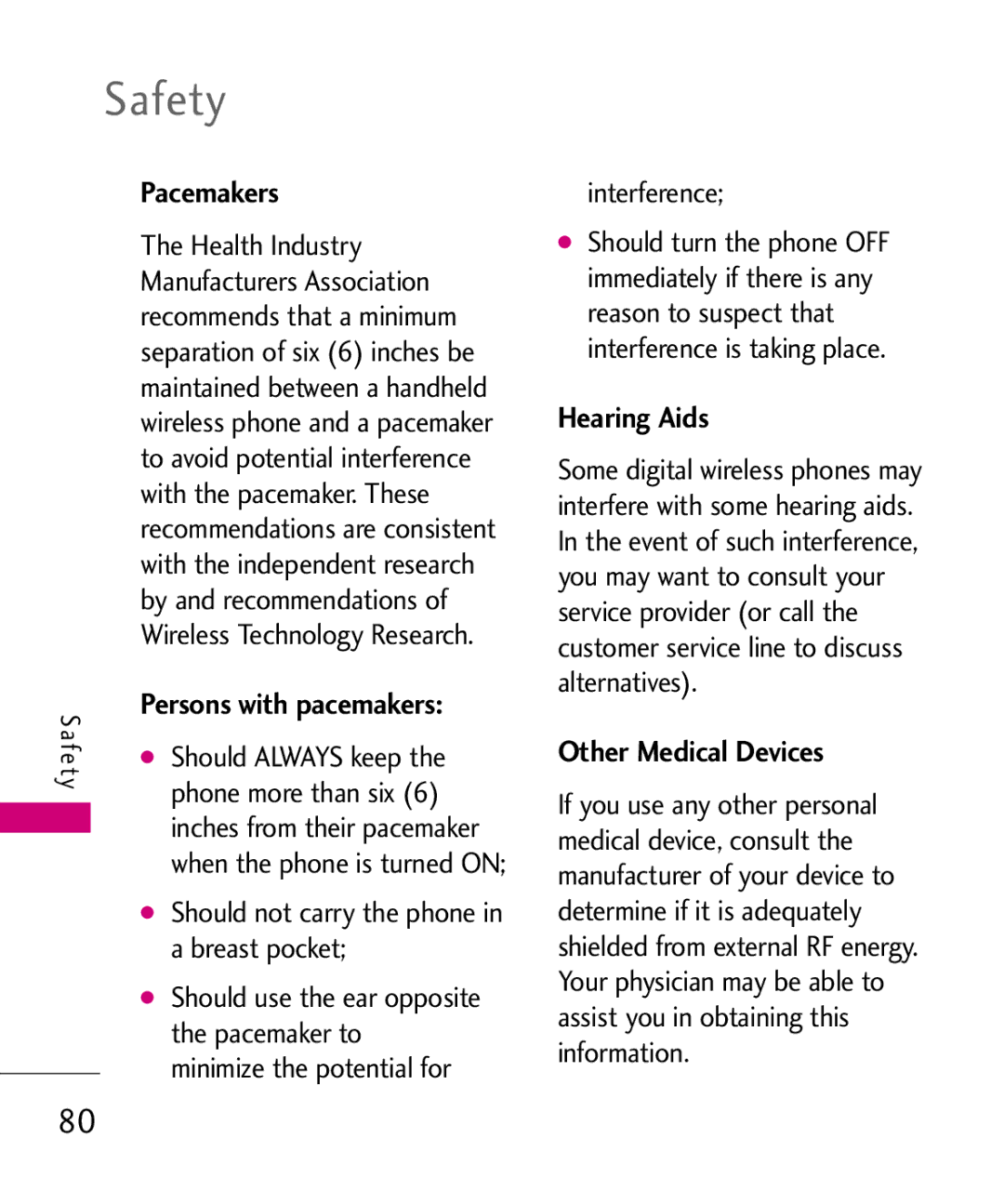 LG Electronics 370H, MMBB0345501 manual Safety, Pacemakers, Persons with pacemakers, Hearing Aids, Other Medical Devices 