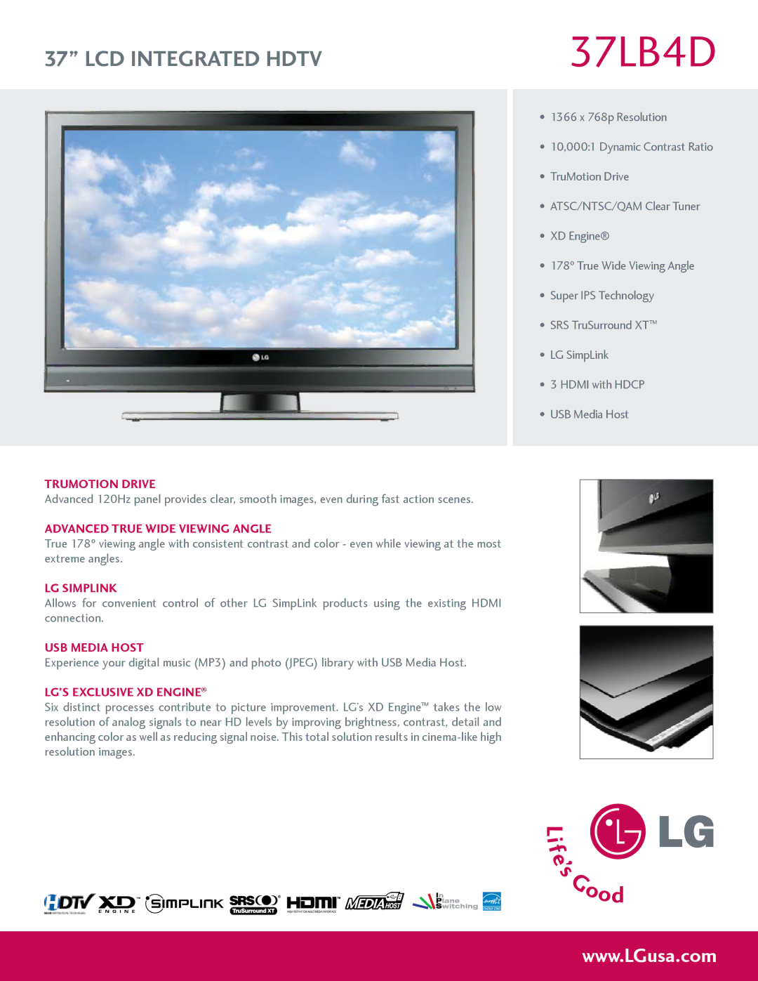 LG Electronics 37LB4D manual Advanced True Wide Viewing Angle, LG Simplink, USB Media Host 