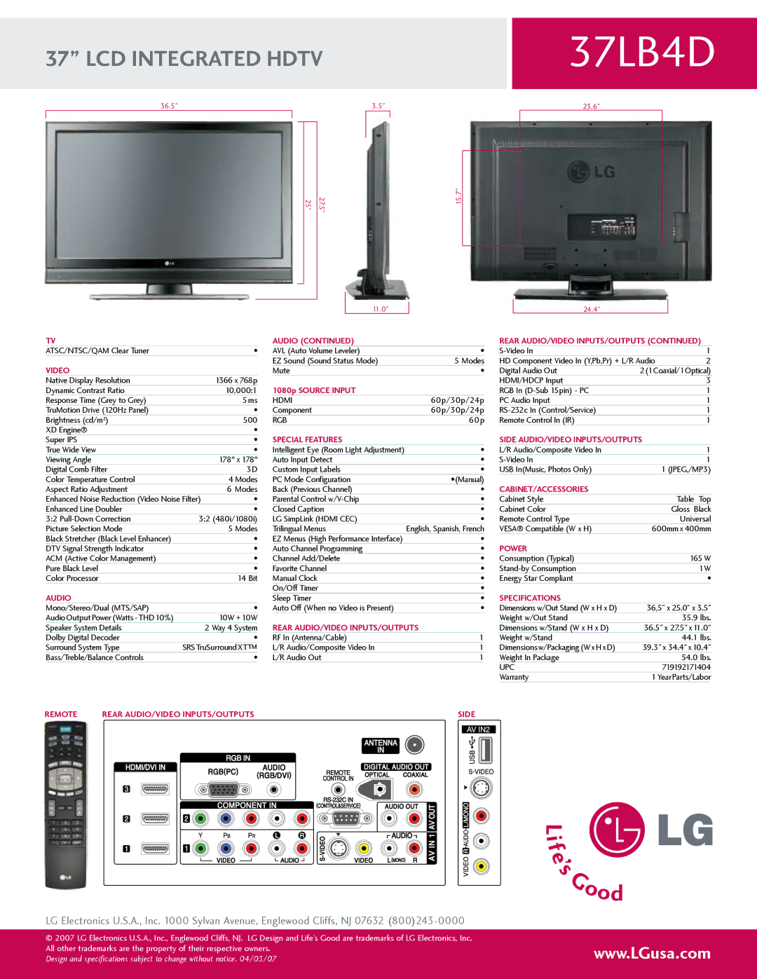 LG Electronics 37LB4D manual Audio REar Audio/Video Inputs/Outputs, 1080p SOurce input, Cabinet/Accessories, Specifications 