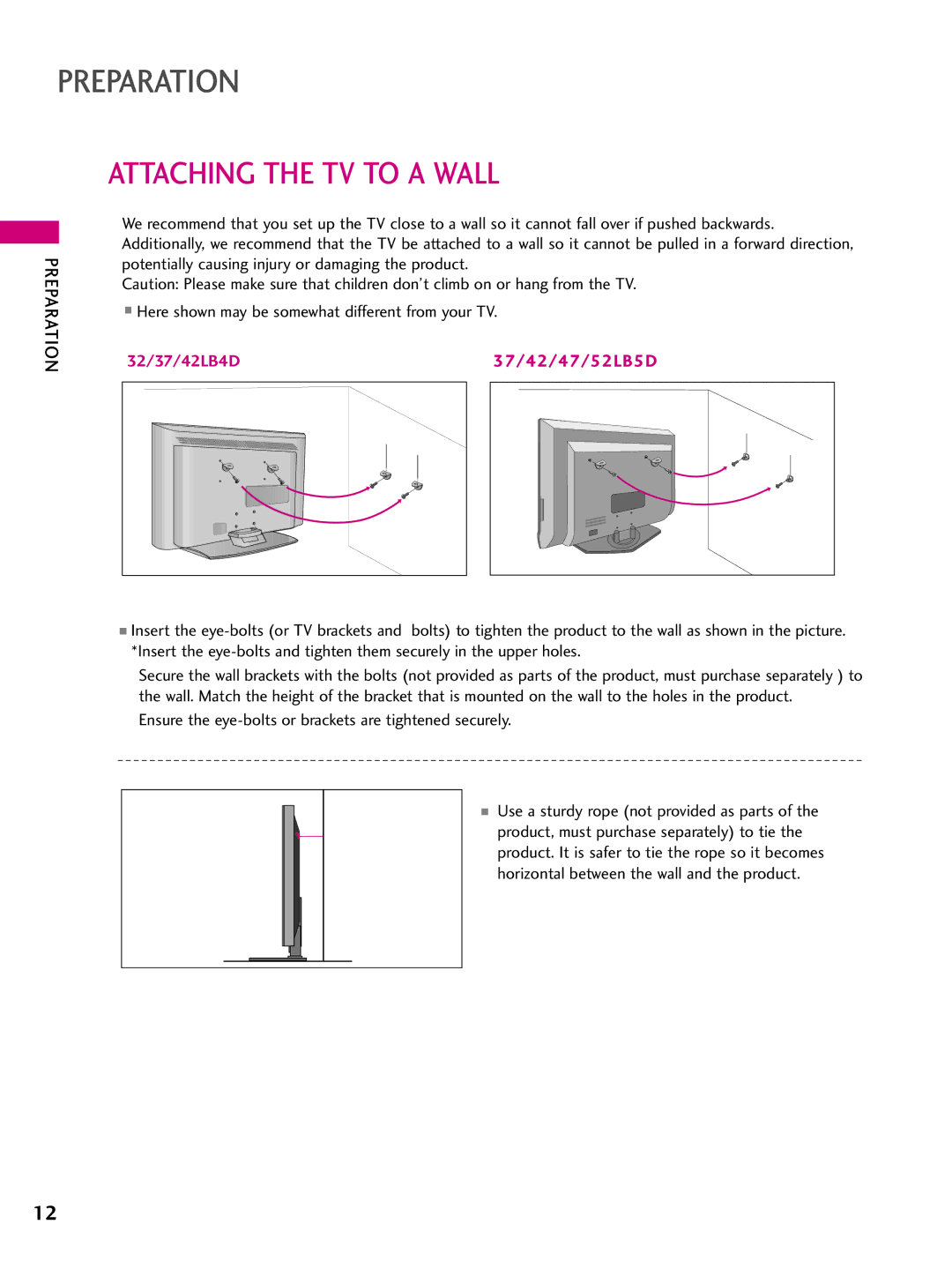 LG Electronics 37LB5D, 3LB5D owner manual Attaching the TV to a Wall, 32/37/42LB4D 