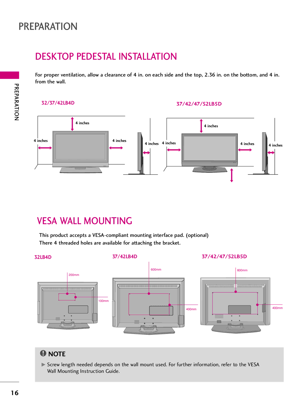 LG Electronics 37LB5D, 3LB5D owner manual Desktop Pedestal Installation, Vesa Wall Mounting 