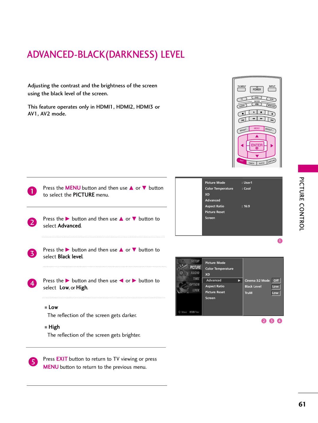 LG Electronics 3LB5D, 37LB5D owner manual ADVANCED-BLACKDARKNESS Level, Select Black level 