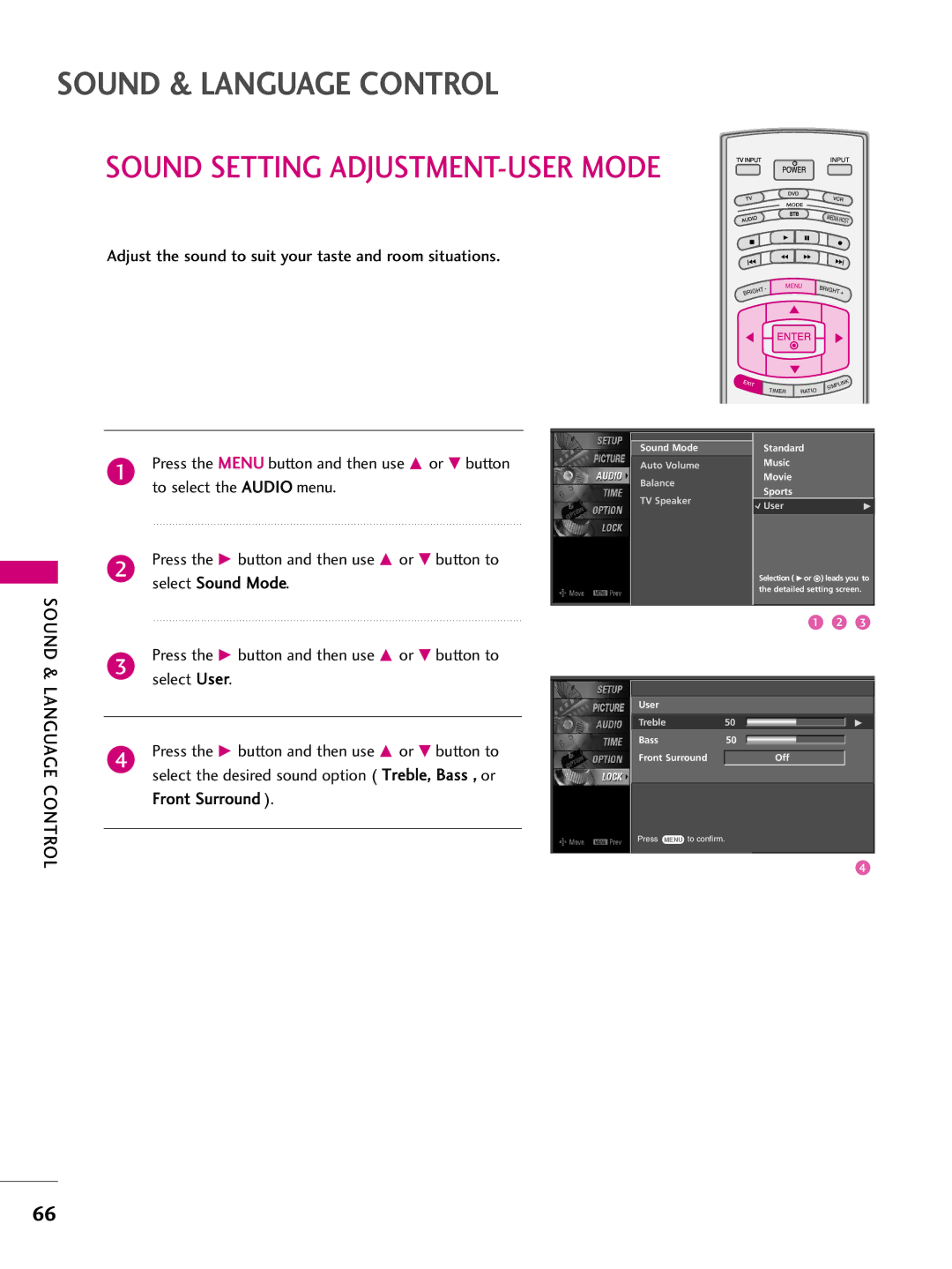 LG Electronics 37LB5D, 3LB5D owner manual Adjust the sound to suit your taste and room situations, Front Surround 