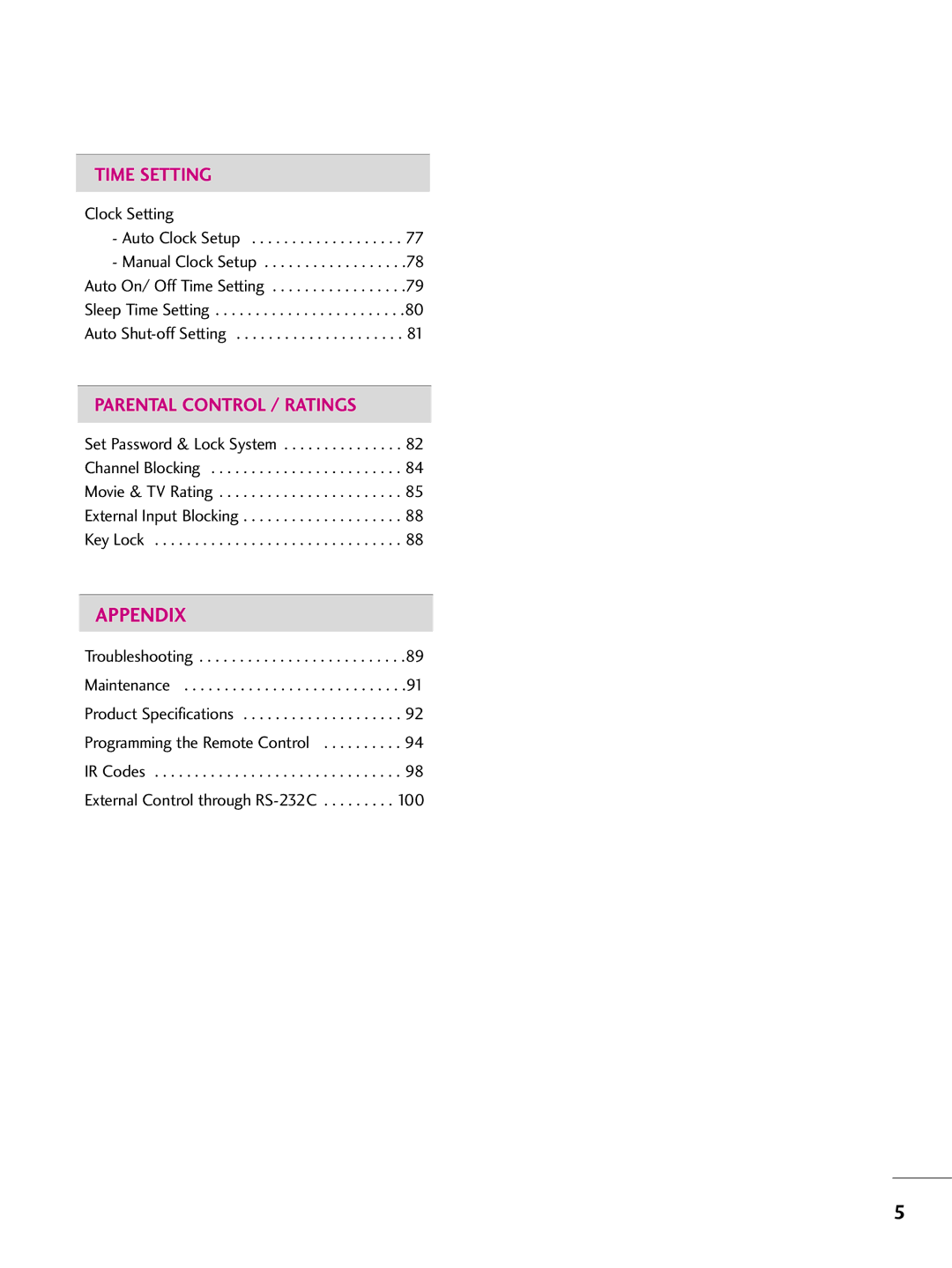 LG Electronics 3LB5D, 37LB5D Troubleshooting Maintenance Product Specifications, IR Codes External Control through RS-232C 