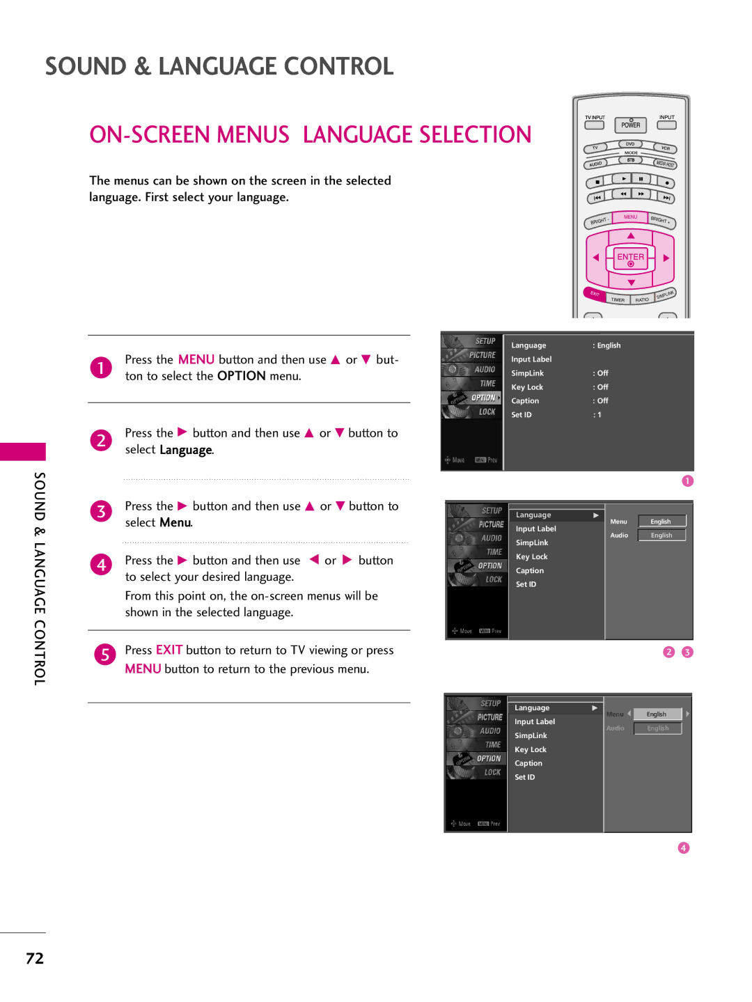 LG Electronics 37LB5D, 3LB5D owner manual ON-SCREEN Menus Language Selection 