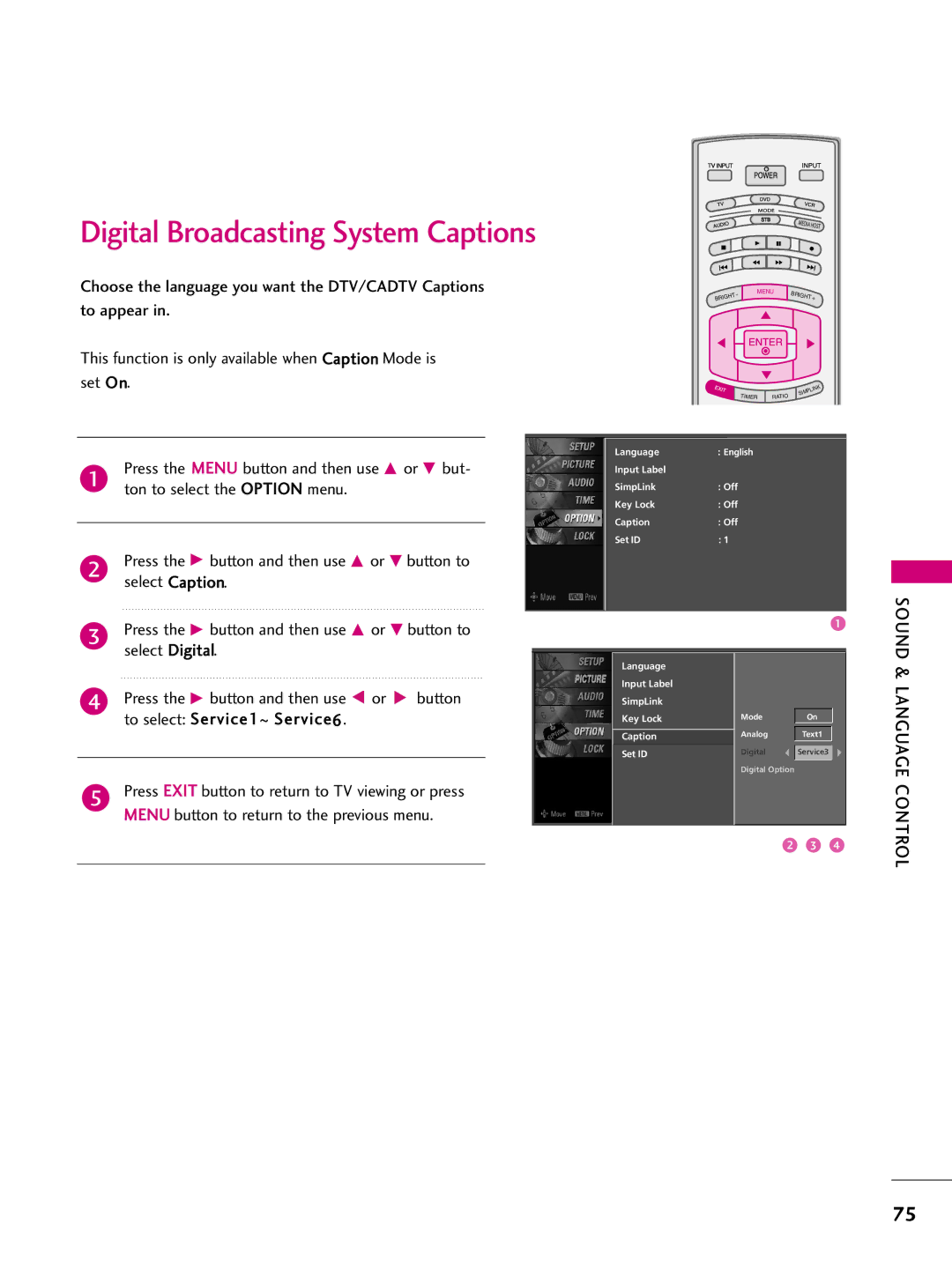 LG Electronics 3LB5D, 37LB5D owner manual Digital Broadcasting System Captions 