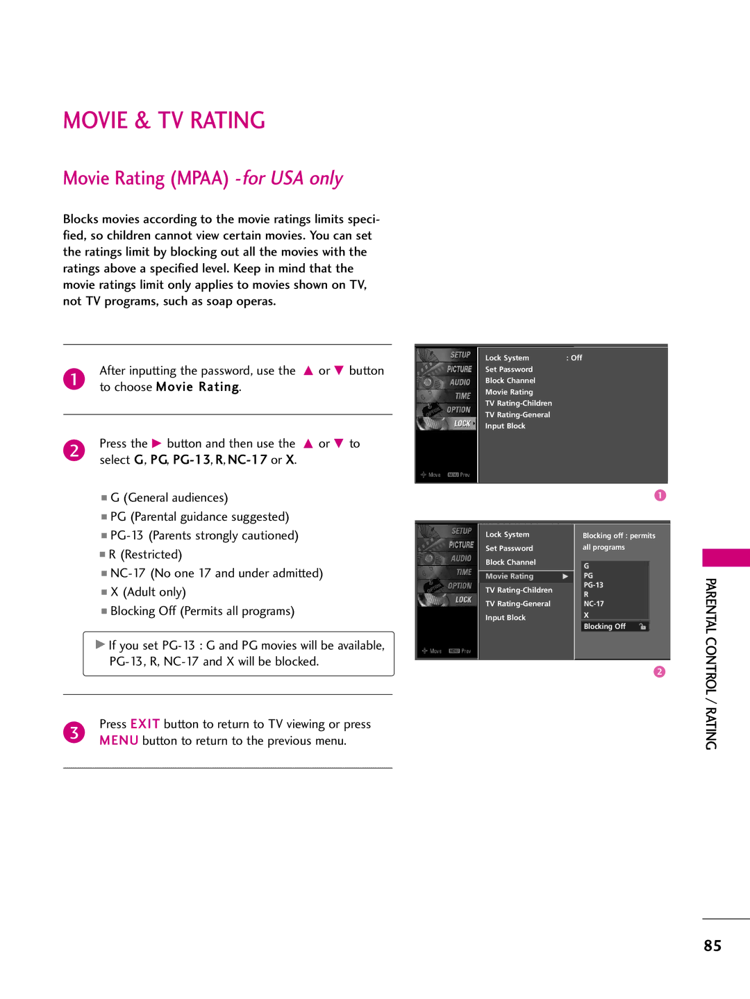 LG Electronics 3LB5D, 37LB5D Movie & TV Rating, Movie Rating Mpaa -for USA only, Or E button, To choose Movie Rating 