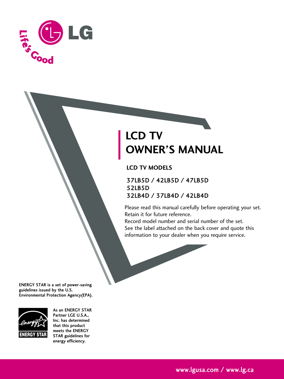 LG Electronics 3LB5D, 37LB5D owner manual Lcd Tv Models, Lcd Tv Owner’S Manual 