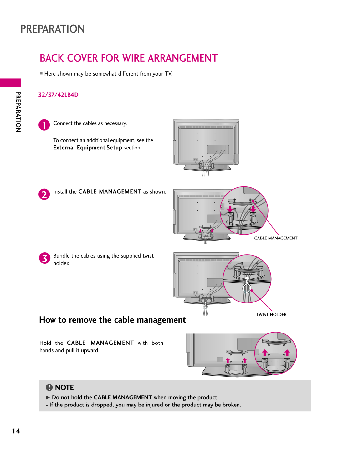 LG Electronics 37LB5D Back Cover For Wire Arrangement, How to remove the cable management, Preparation, 32/37/42LB4D 