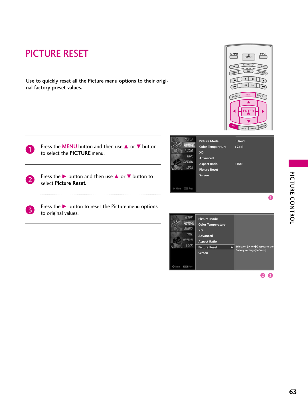 LG Electronics 3LB5D, 37LB5D Picture Reset, Press the G button to reset the Picture menu options, Picture Control 