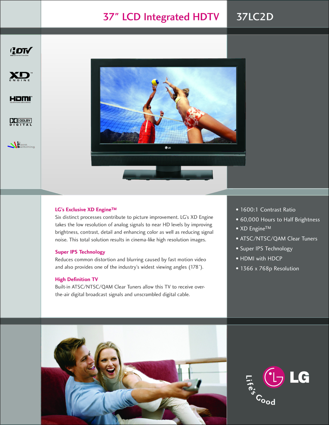 LG Electronics 37LC2D manual LG’s Exclusive XD EngineTM, Super IPS Technology, High Definition TV 