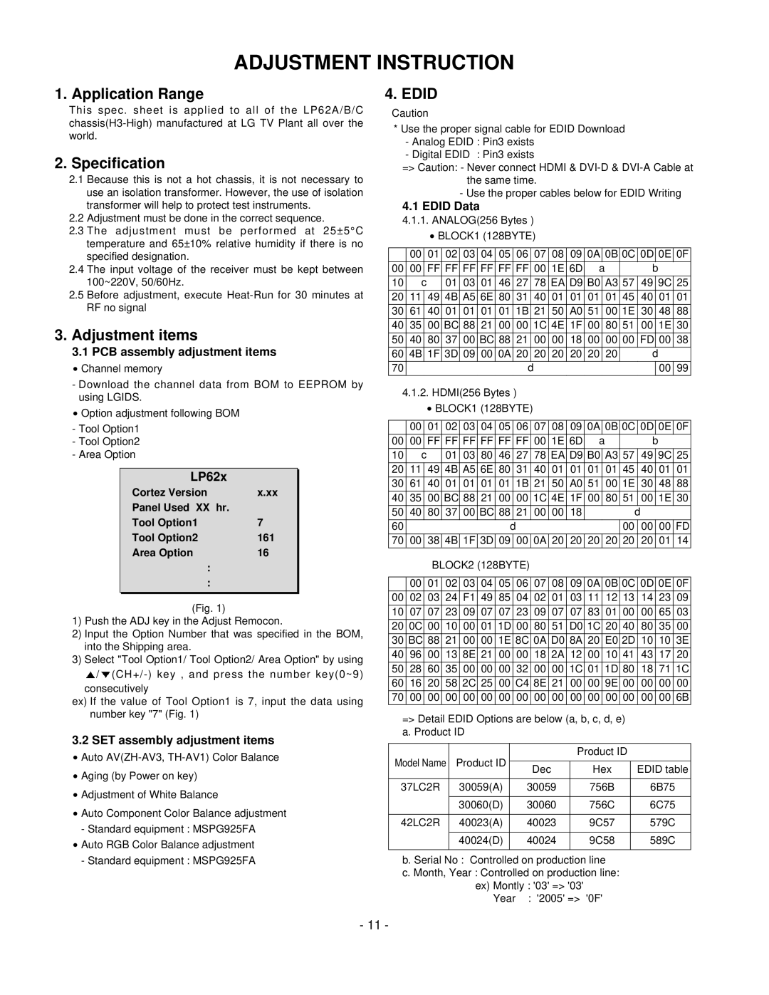 LG Electronics 42LC2R, 37LC2R Adjustment Instruction, PCB assembly adjustment items, LP62x, SET assembly adjustment items 