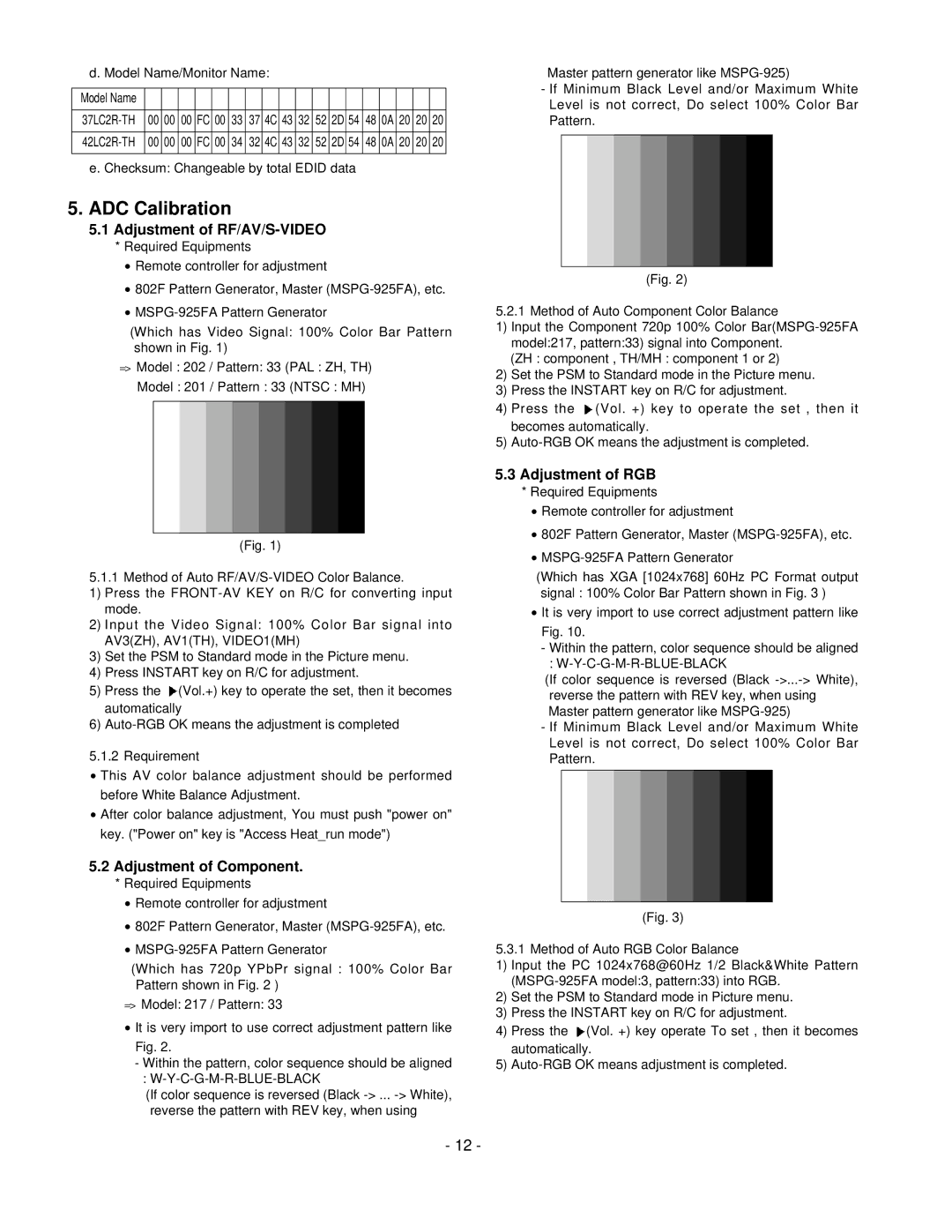 LG Electronics 37LC2R, 42LC2R Adjustment of RF/AV/S-VIDEO, Adjustment of Component, Adjustment of RGB, C-G-M-R-Blue-Black 