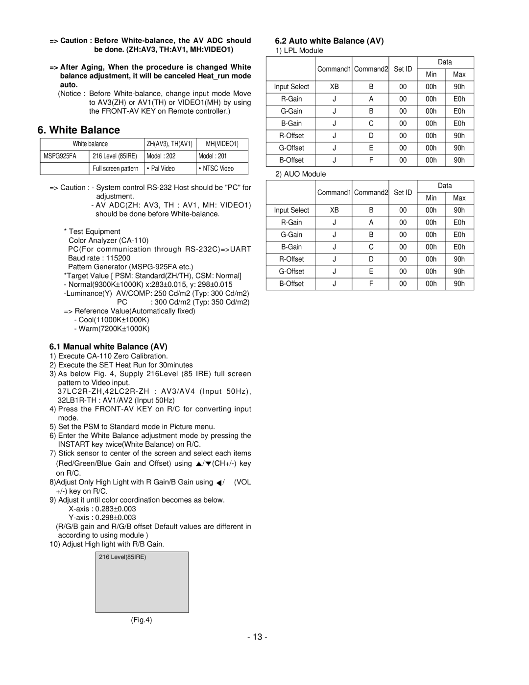 LG Electronics 42LC2R, 37LC2R service manual Manual white Balance AV, Auto white Balance AV, MHVIDEO1, MSPG925FA 