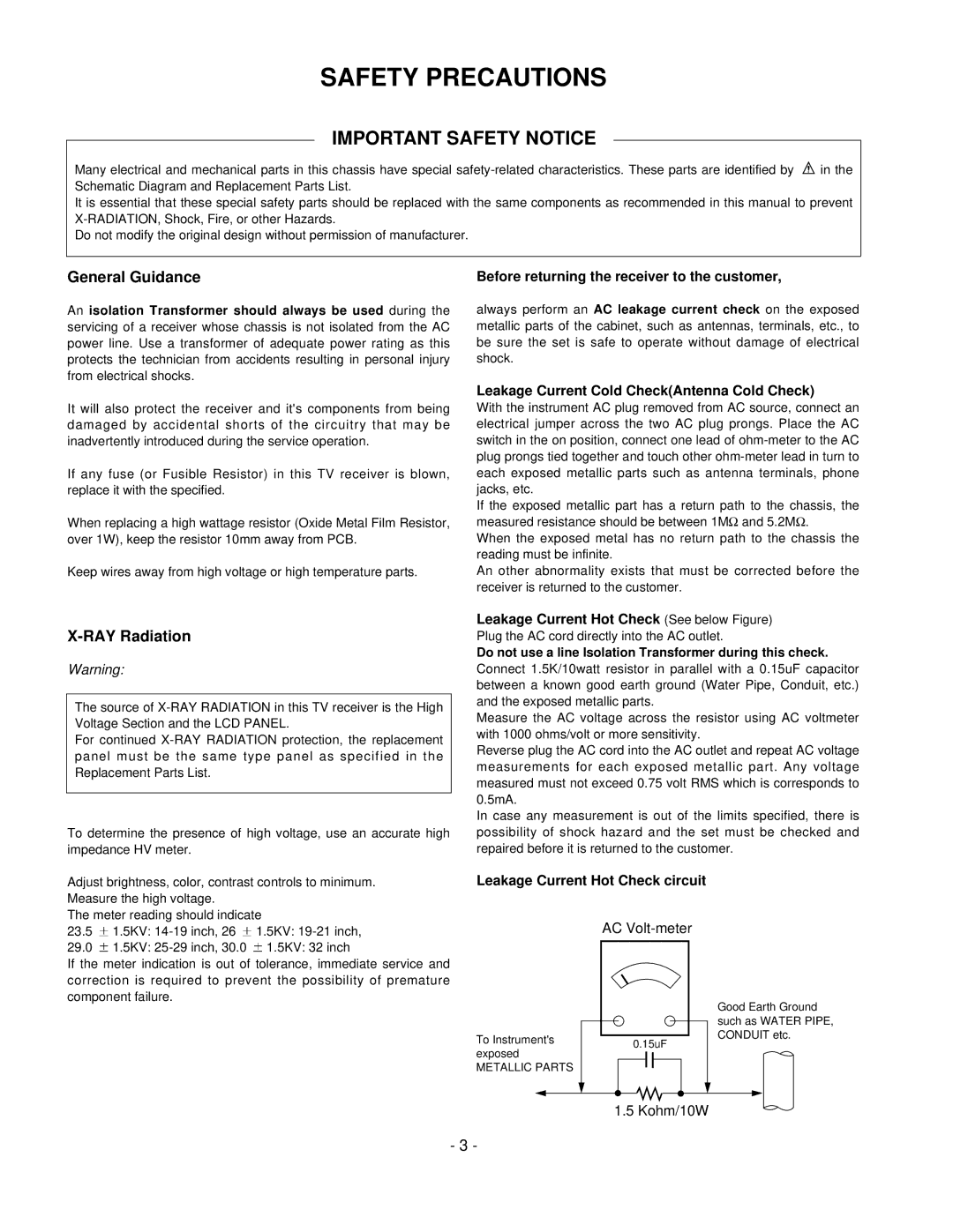 LG Electronics 42LC2R, 37LC2R service manual Safety Precautions, General Guidance, RAY Radiation 