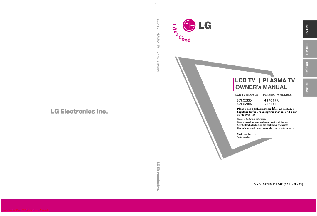 LG Electronics 42LC2RR*, 37LC2RR*, 42PC1RR*, 50PC1RR* owner manual LCD TV Plasma TV, No 38289U0564F 0611-REV03 