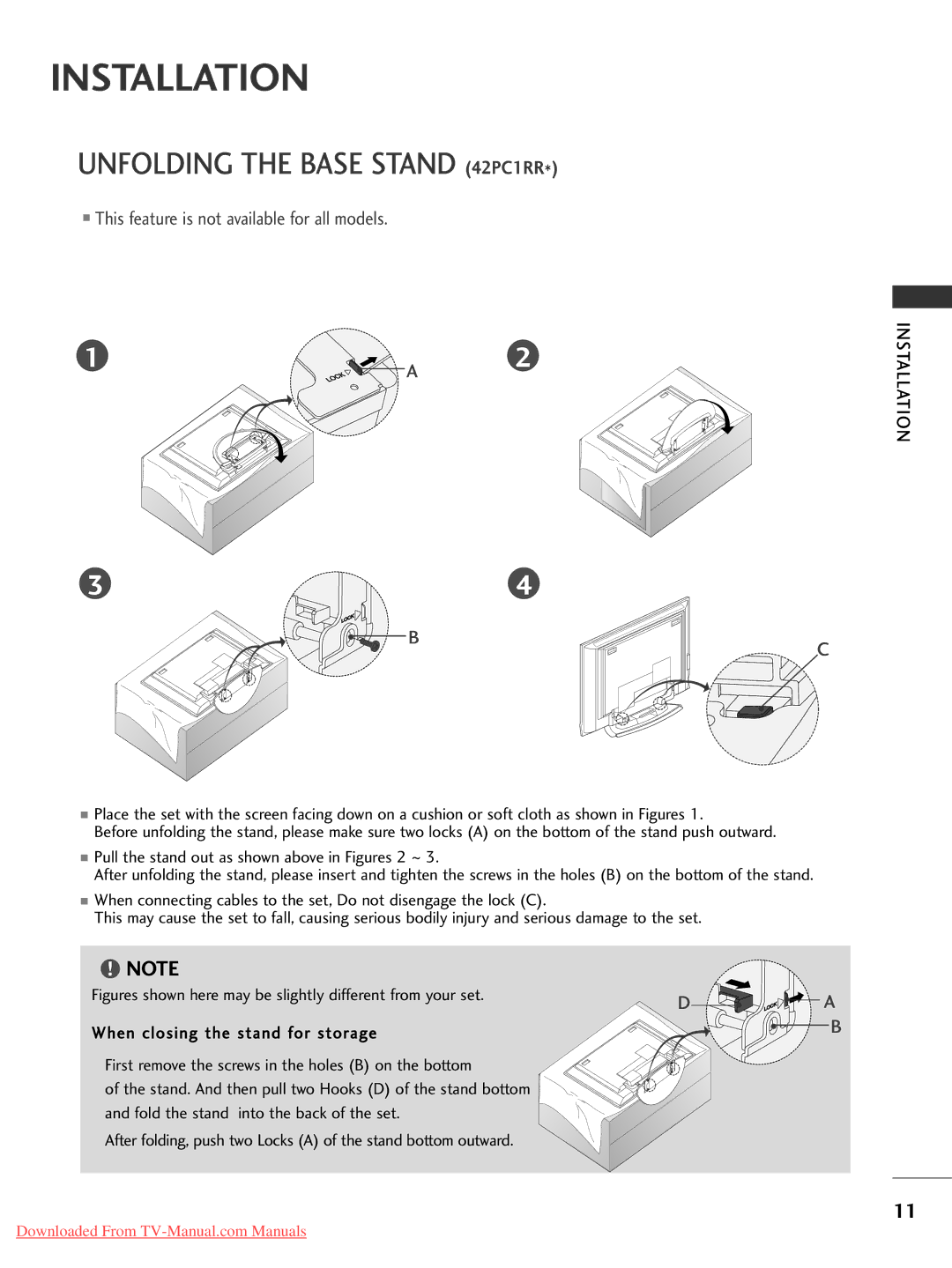 LG Electronics 42LC2RR*, 37LC2RR*, 42PC1RR*, 50PC1RR* owner manual Installation, Unfolding the Base Stand 42PC1RR 