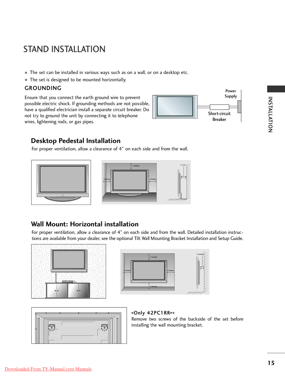 LG Electronics 42LC2RR*, 37LC2RR* Stand Installation, Desktop Pedestal Installation, Wall Mount Horizontal installation 