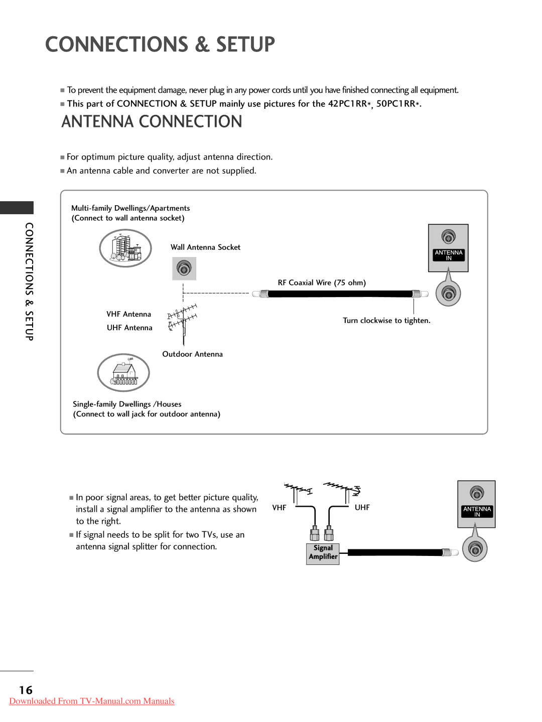 LG Electronics 42PC1RR*, 37LC2RR* Antenna Connection, Poor signal areas, to get better picture quality, To the right 