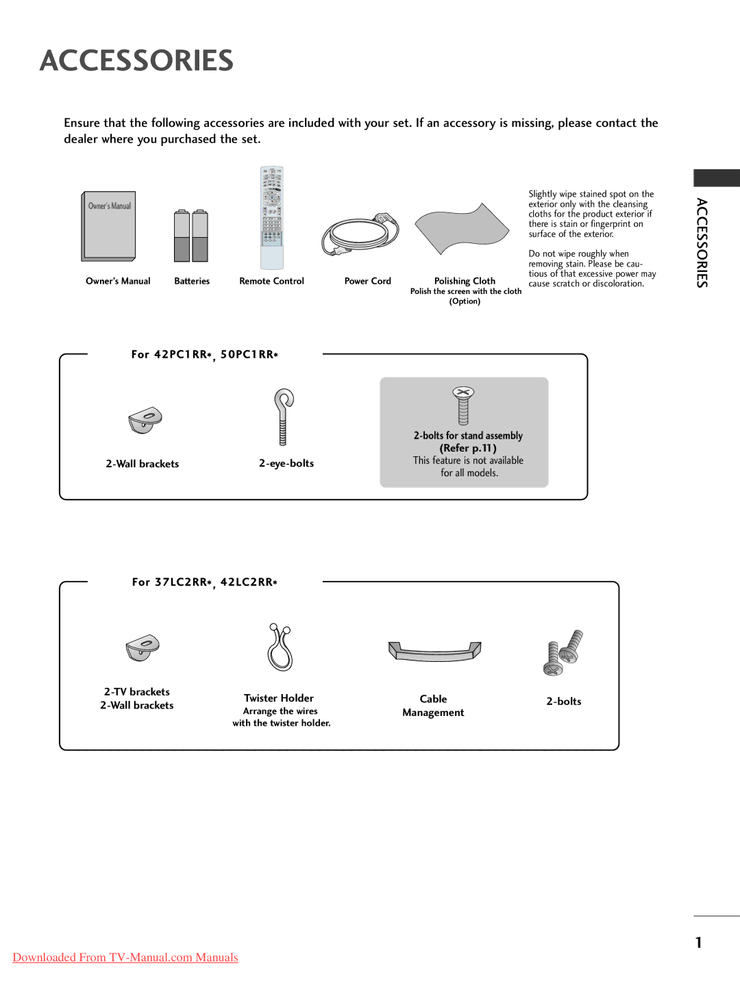 LG Electronics 50PC1RR*, 37LC2RR*, 42LC2RR*, 42PC1RR* owner manual Accessories 