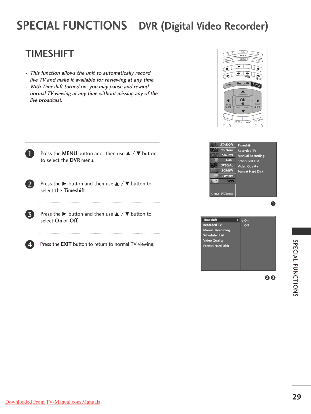 LG Electronics 50PC1RR*, 37LC2RR*, 42LC2RR*, 42PC1RR* owner manual Special Functions DVR Digital Video Recorder, Timeshift 