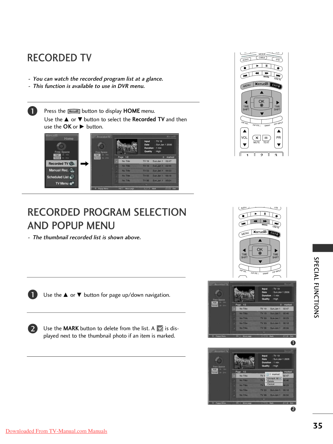 LG Electronics 42LC2RR*, 37LC2RR*, 42PC1RR*, 50PC1RR* Recorded TV, Use the D or E button for page up/down navigation 