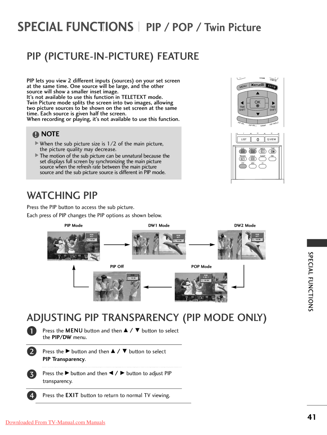 LG Electronics 50PC1RR*, 37LC2RR* PIP PICTURE-IN-PICTURE Feature, Watching PIP, Adjusting PIP Transparency PIP Mode only 