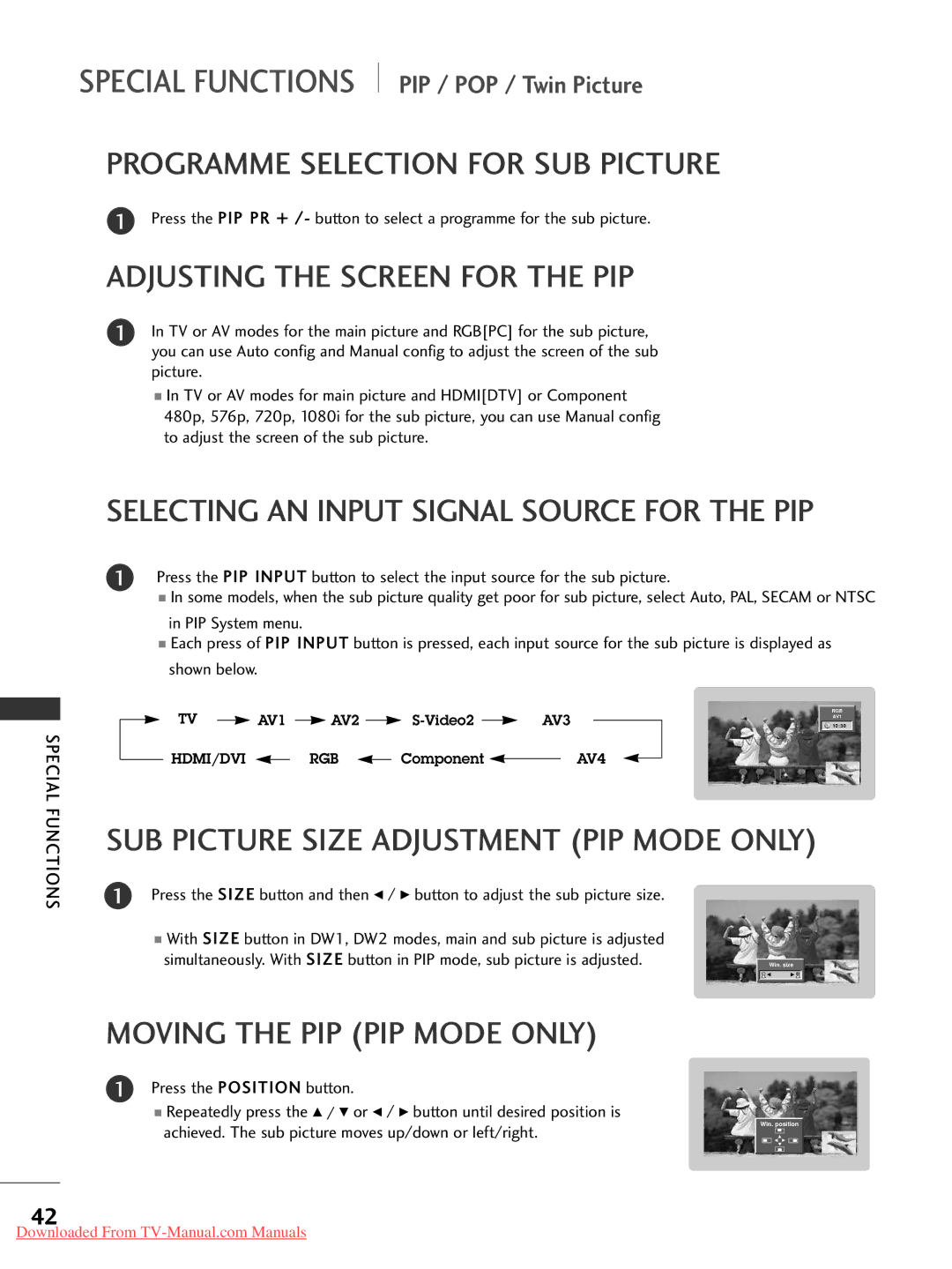 LG Electronics 37LC2RR*, 42LC2RR*, 42PC1RR*, 50PC1RR* Programme Selection for SUB Picture, Adjusting the Screen for the PIP 