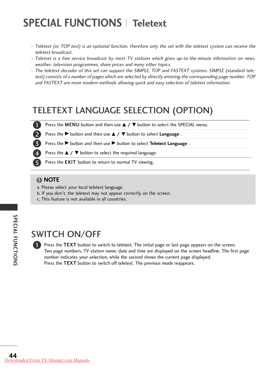 LG Electronics 42PC1RR*, 37LC2RR*, 42LC2RR*, 50PC1RR* owner manual Teletext Language Selection Option, Switch ON/OFF 