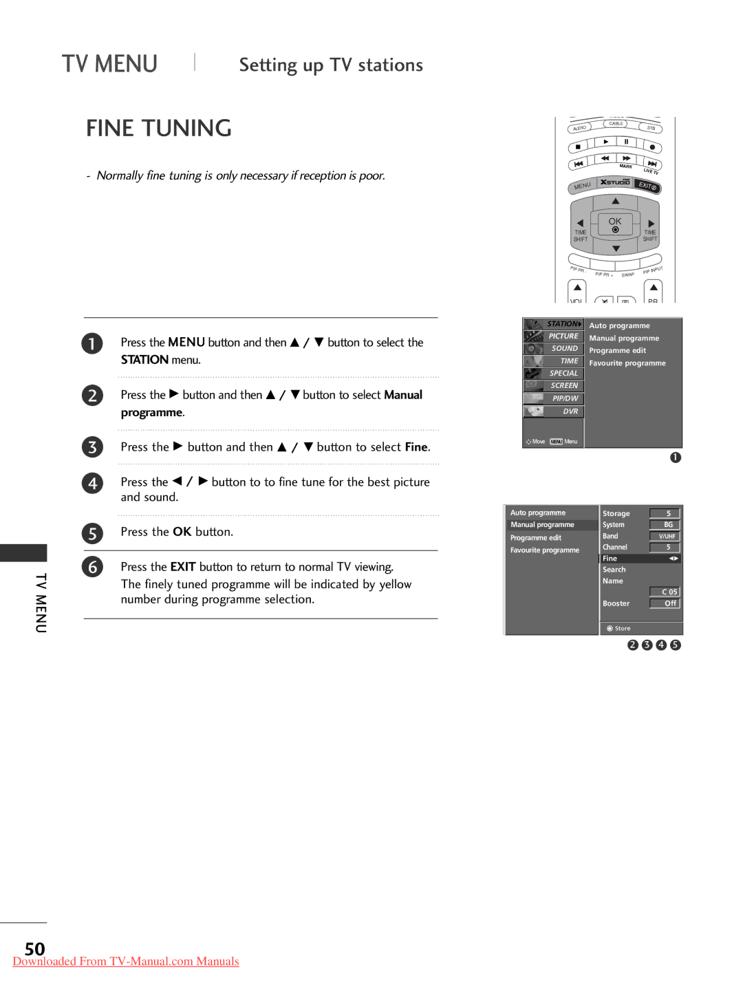 LG Electronics 37LC2RR*, 42LC2RR*, 42PC1RR*, 50PC1RR* Fine Tuning, Press the OK button, Number during programme selection 