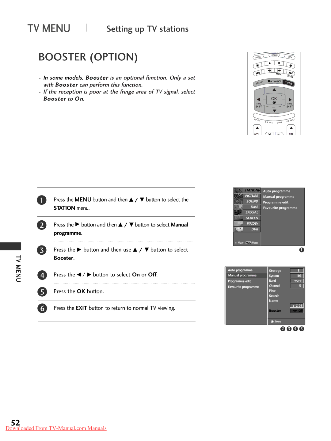 LG Electronics 42PC1RR*, 37LC2RR*, 42LC2RR*, 50PC1RR* Booster Option, Press the G button and then use D / E button to select 