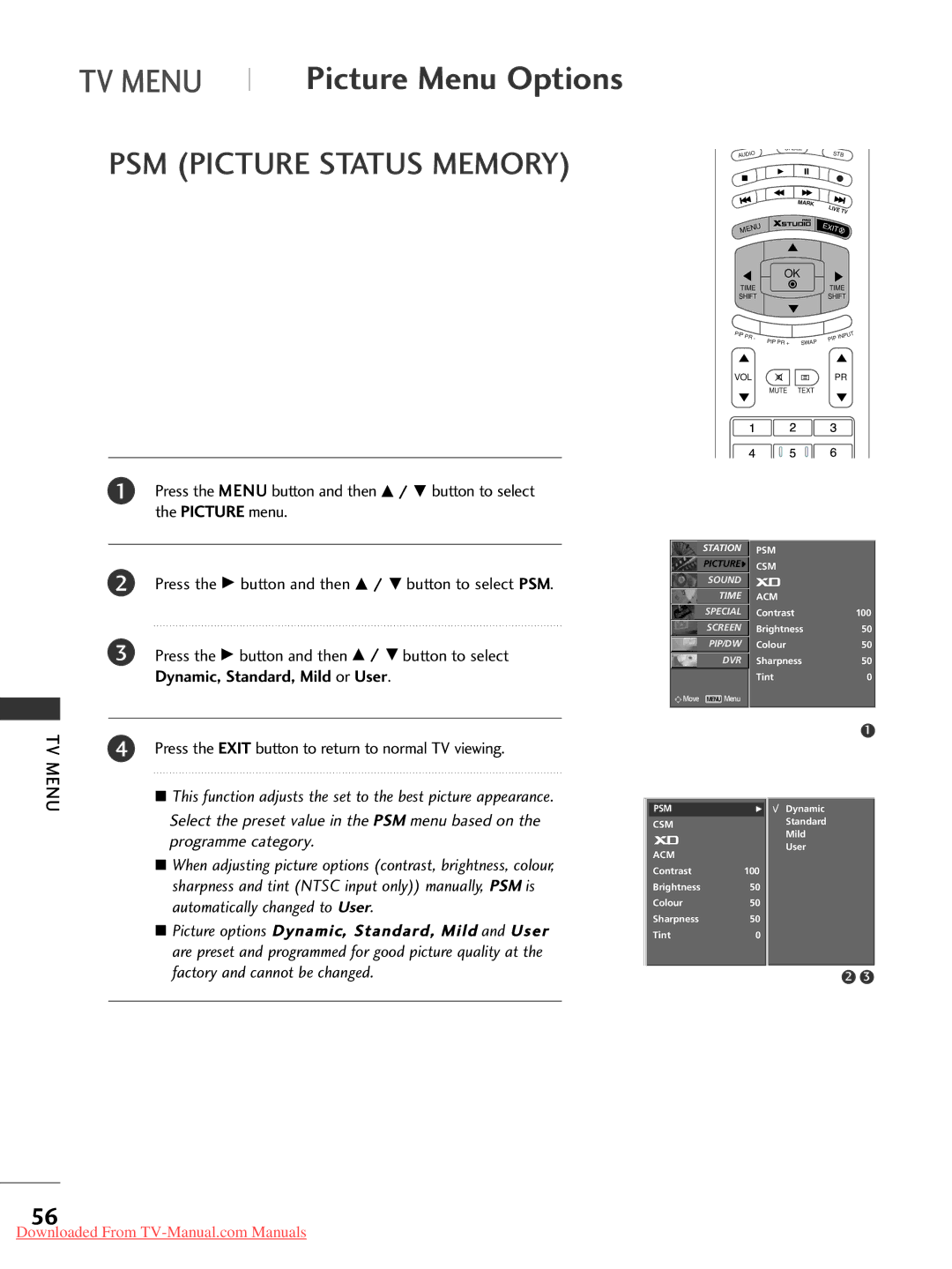 LG Electronics 42PC1RR*, 37LC2RR*, 42LC2RR*, 50PC1RR* owner manual TV Menu, PSM Picture Status Memory 