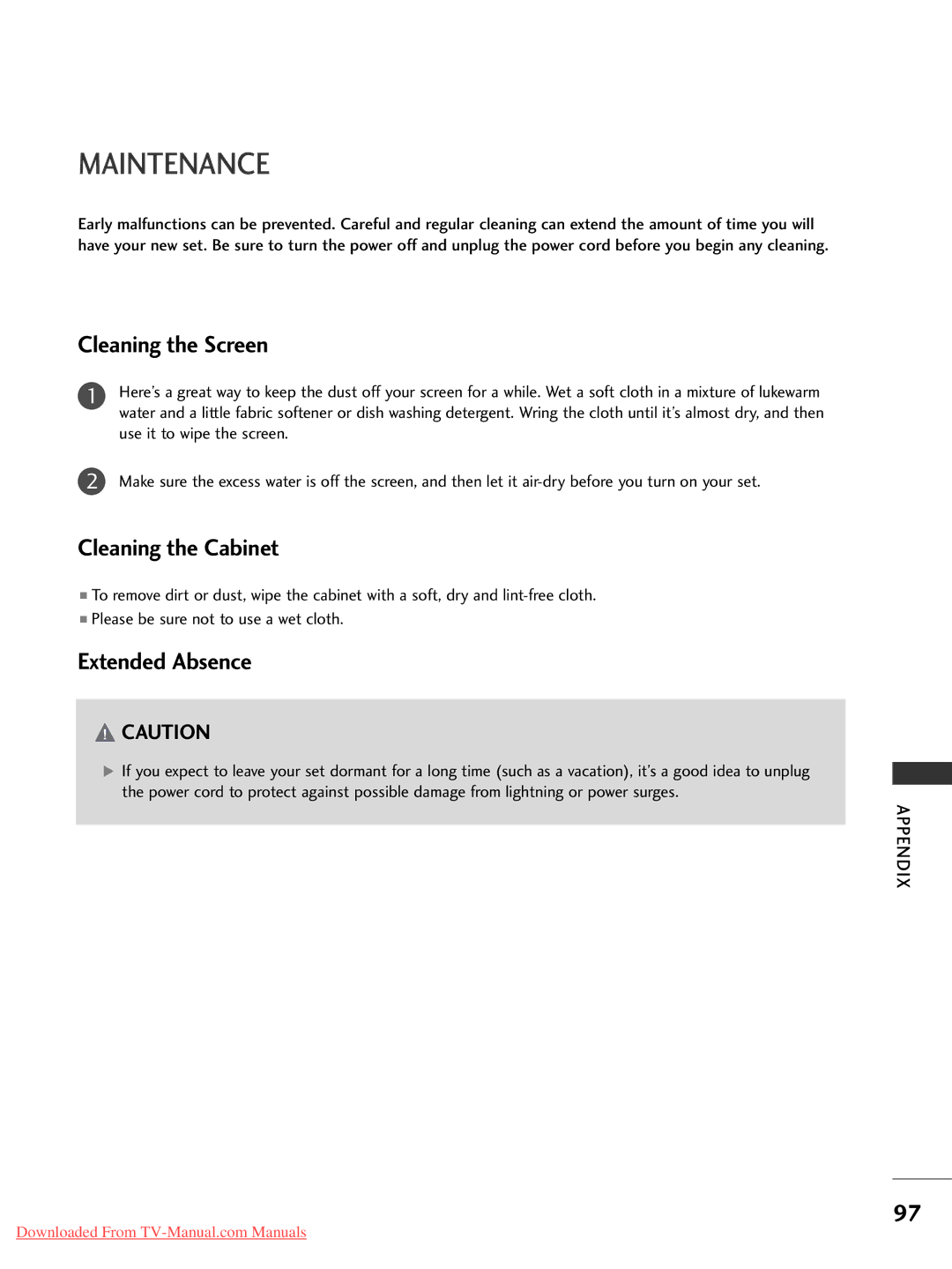 LG Electronics 50PC1RR*, 37LC2RR*, 42LC2RR* Maintenance, Cleaning the Screen, Cleaning the Cabinet, Extended Absence 