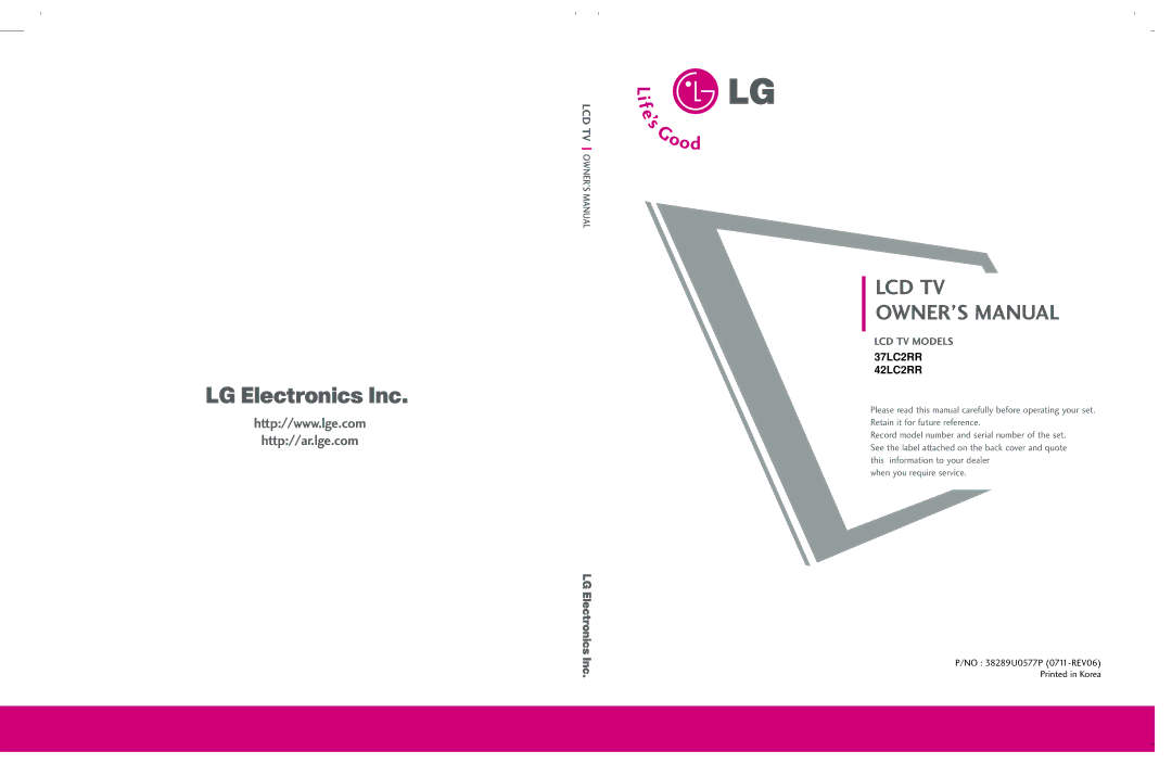 LG Electronics 42LC2RR, 37LC2RR owner manual Lcd Tv 