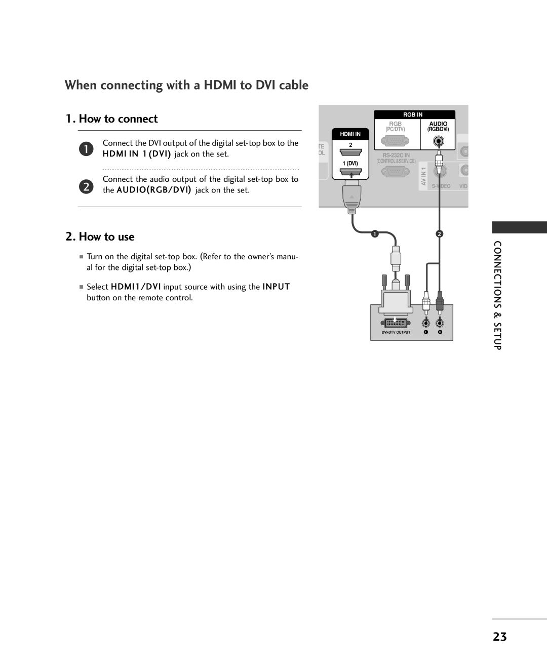 LG Electronics 42LC2RR, 37LC2RR owner manual When connecting with a Hdmi to DVI cable, Hdmi in 1DVI jack on the set 