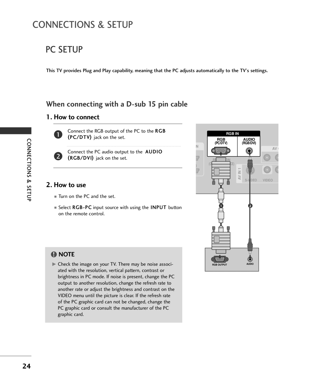 LG Electronics 37LC2RR, 42LC2RR owner manual PC Setup, When connecting with a D-sub 15 pin cable, Audio 