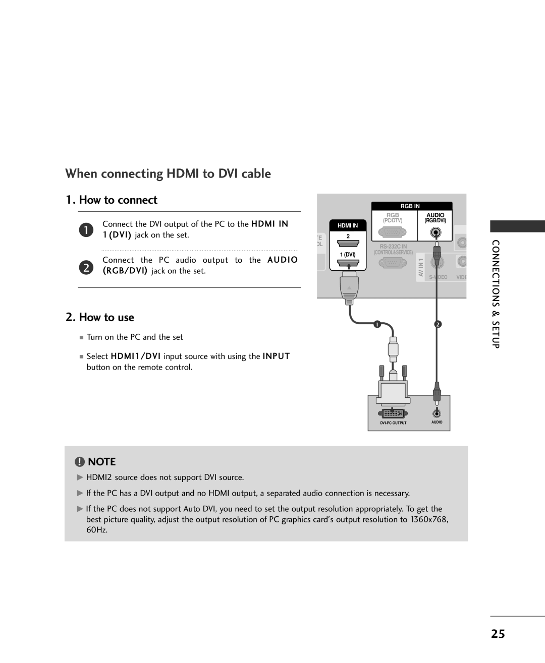 LG Electronics 42LC2RR, 37LC2RR When connecting Hdmi to DVI cable 1. How to connect, Connect the PC audio Output 