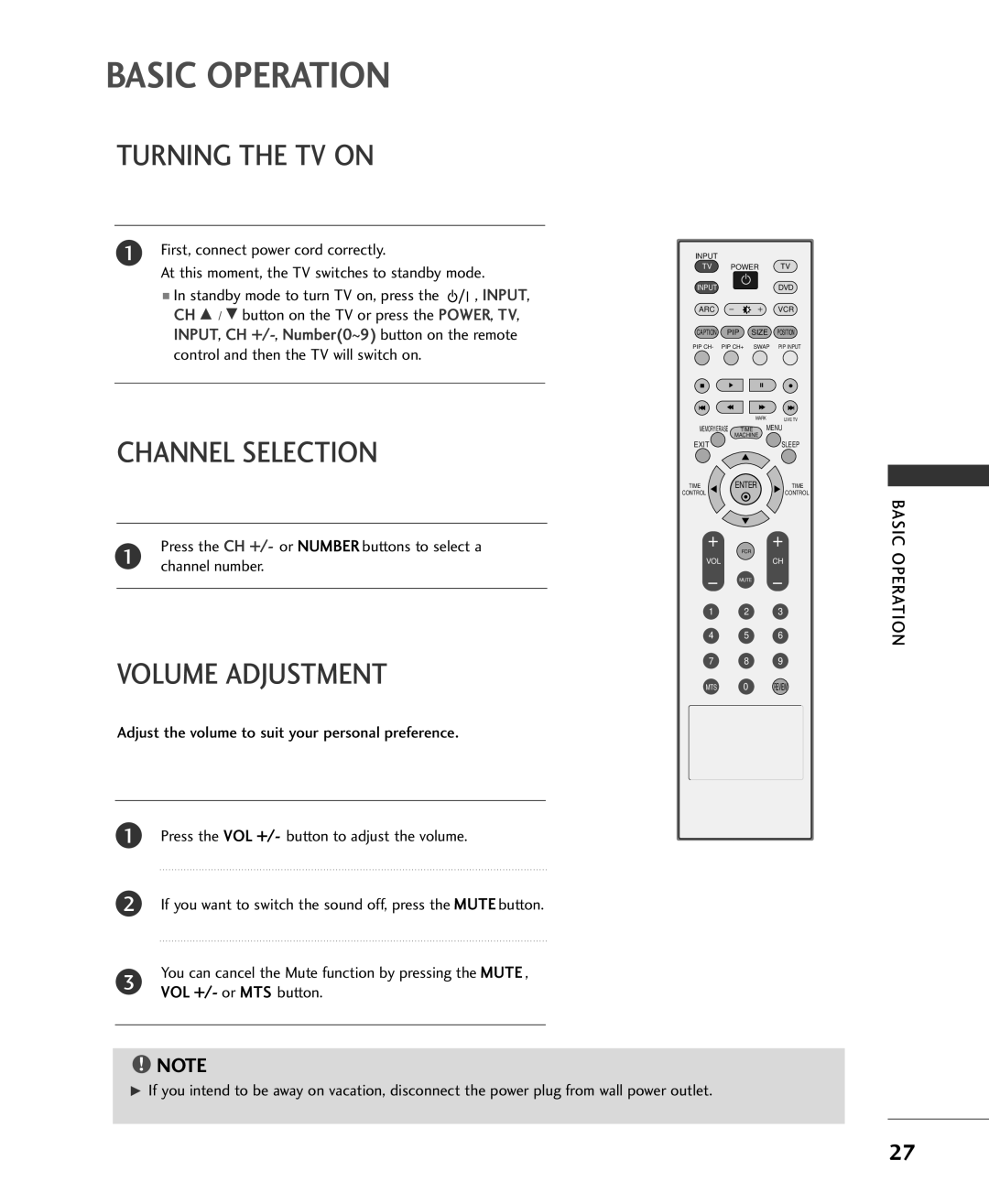 LG Electronics 42LC2RR, 37LC2RR owner manual Turning the TV on, Channel Selection, Volume Adjustment, Basic Operation 