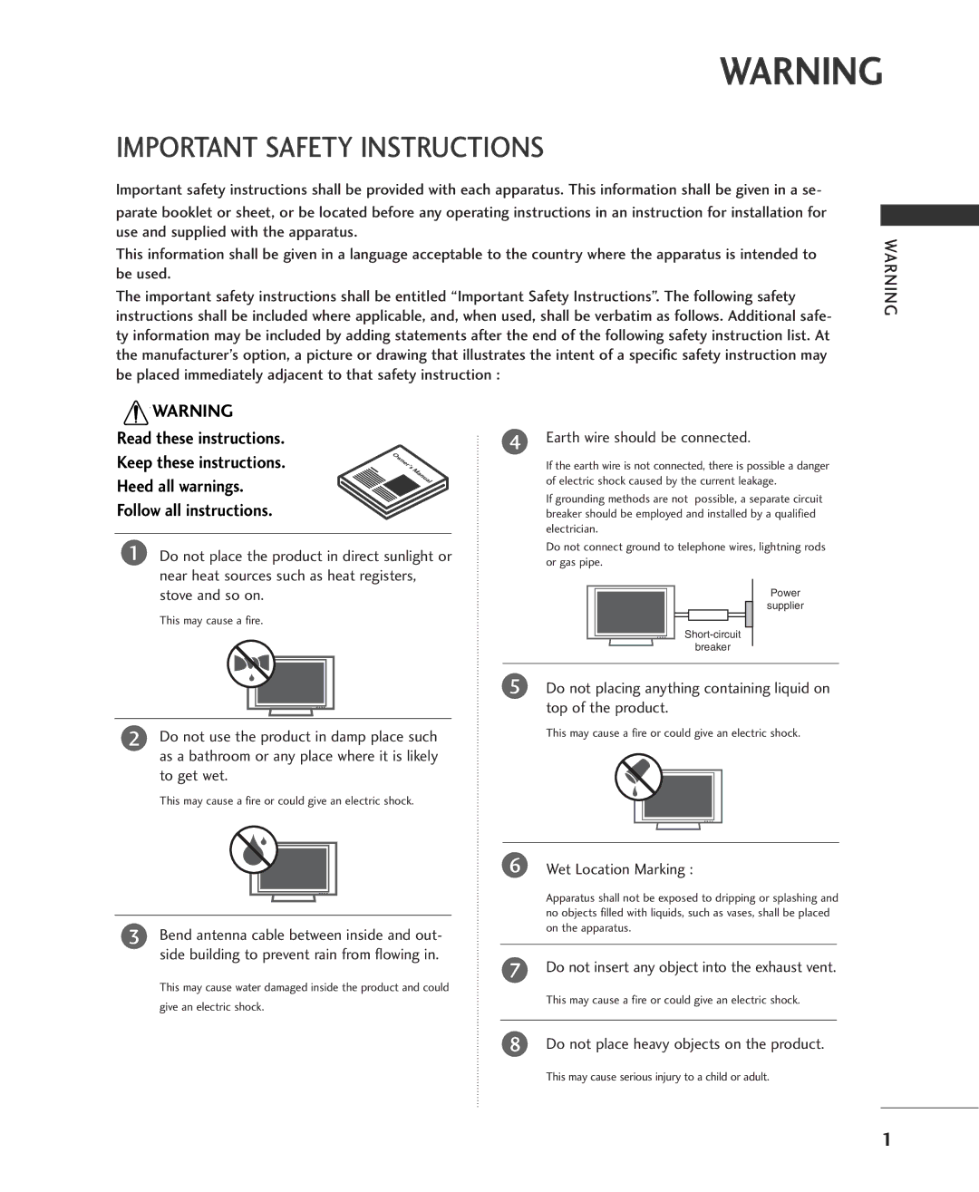 LG Electronics 42LC2RR, 37LC2RR Important Safety Instructions, Earth wire should be connected, Wet Location Marking 