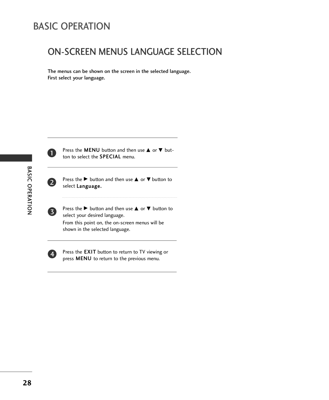 LG Electronics 37LC2RR, 42LC2RR owner manual Basic Operation, ON-SCREEN Menus Language Selection 