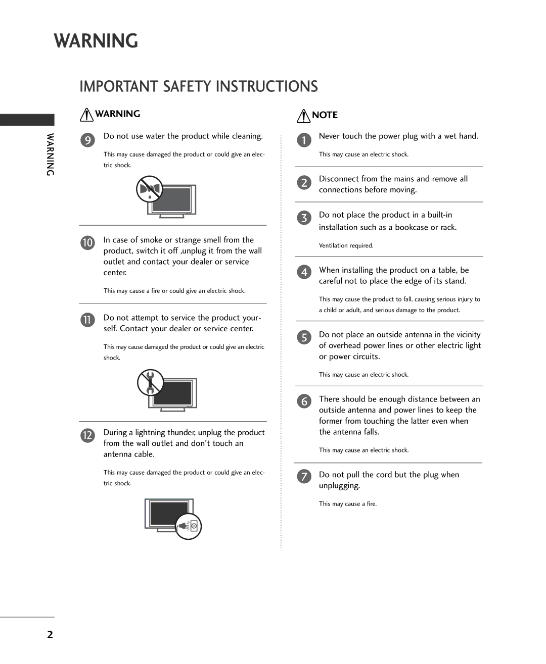 LG Electronics 37LC2RR, 42LC2RR Do not use water the product while cleaning, Never touch the power plug with a wet hand 