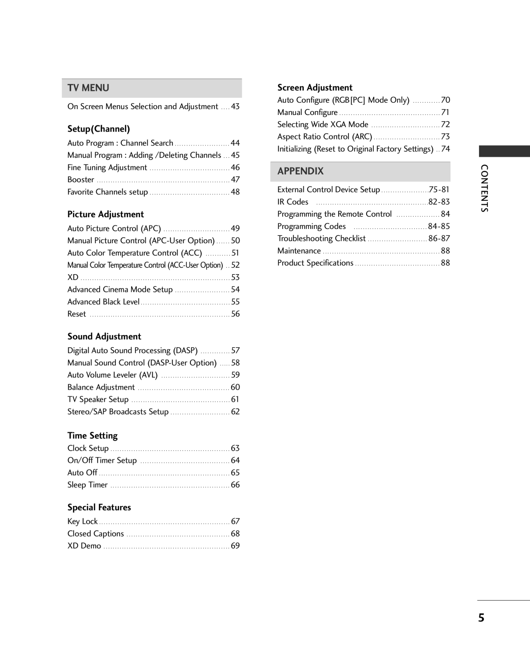 LG Electronics 42LC2RR On Screen Menus Selection and Adjustment, Manual Program Adding /Deleting Channels, Contents 